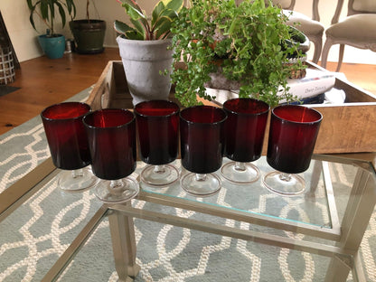 Vintage Red Luminarc Glasses / Made in France - 6 Footed Glasses - wine glass, Barware - Loom Vintage