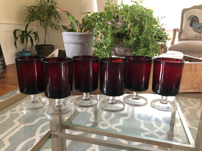 Vintage Red Luminarc Glasses / Made in France - 6 Footed Glasses - wine glass, Barware - Loom Vintage