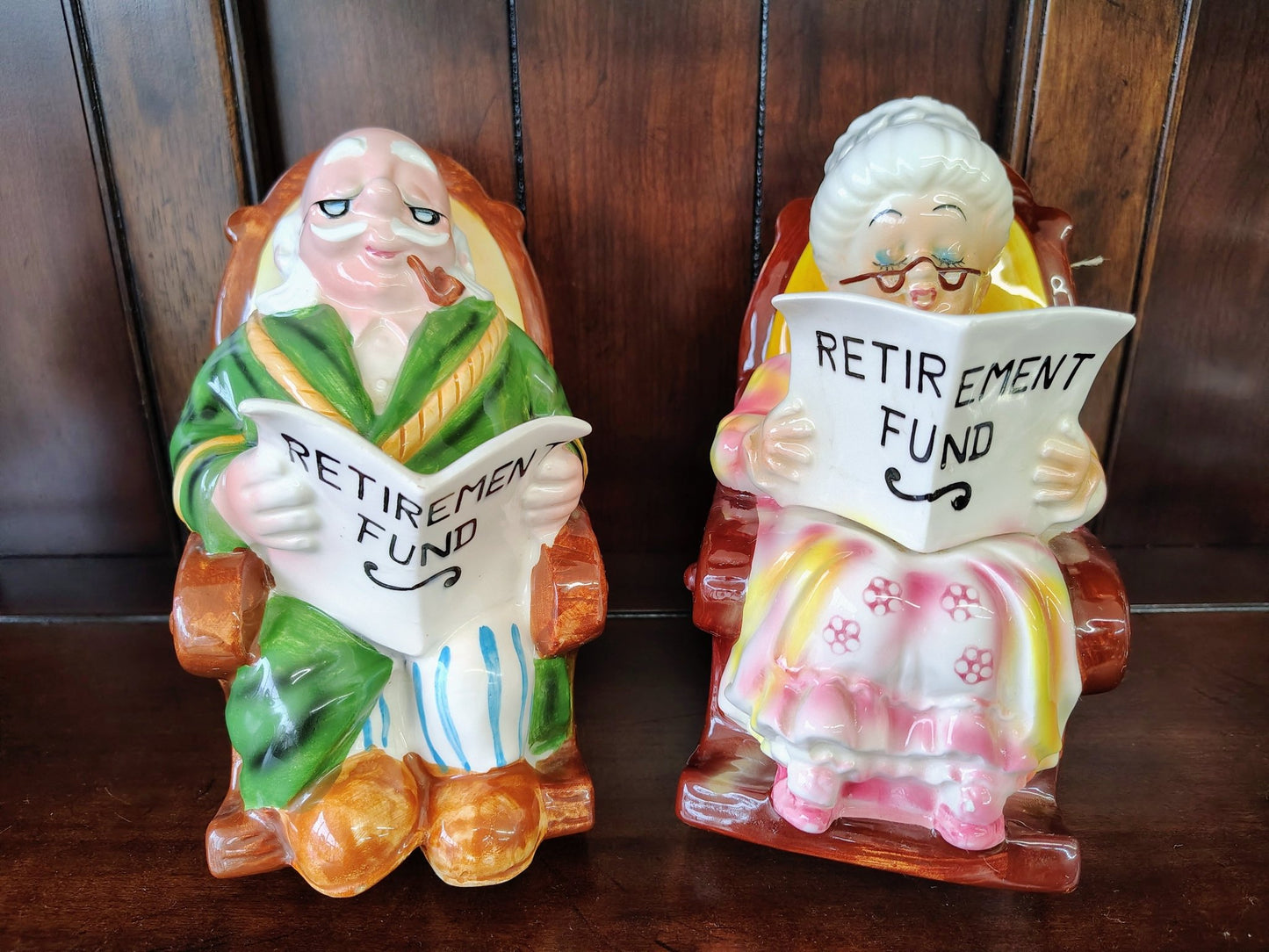 Vintage “Retirement Fund” Grandparents Piggy Banks – Set of 2 – 7.5” - Loom Vintage