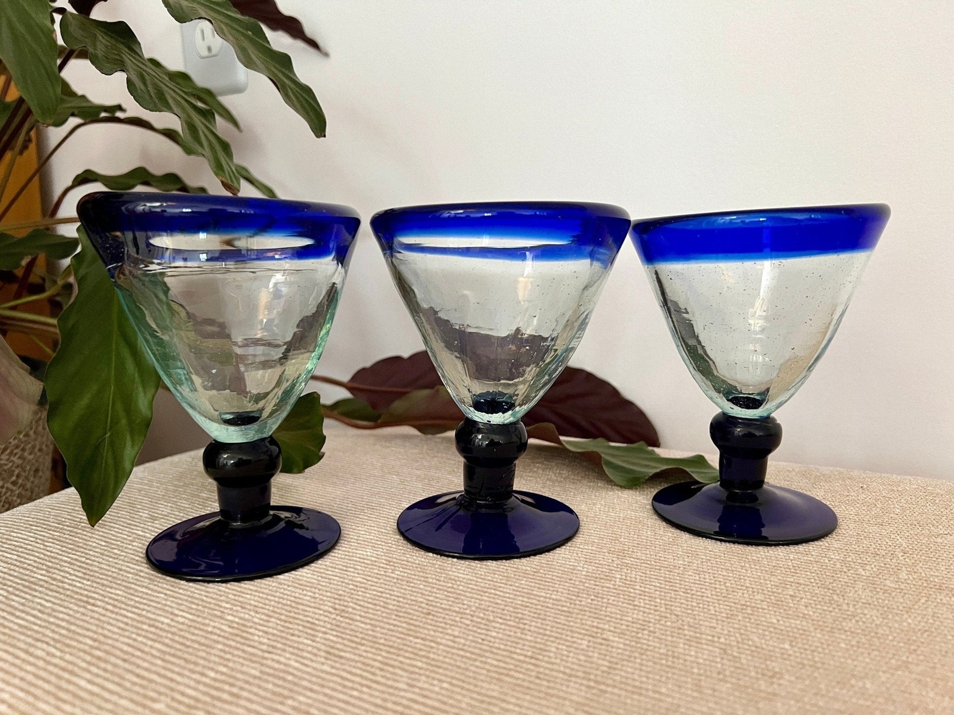 Vintage Set of 3 Mexican Hand Blown Blue - Rimmed Martini Glasses, Margarita Glasses, Short Stem Barware - Loom Vintage