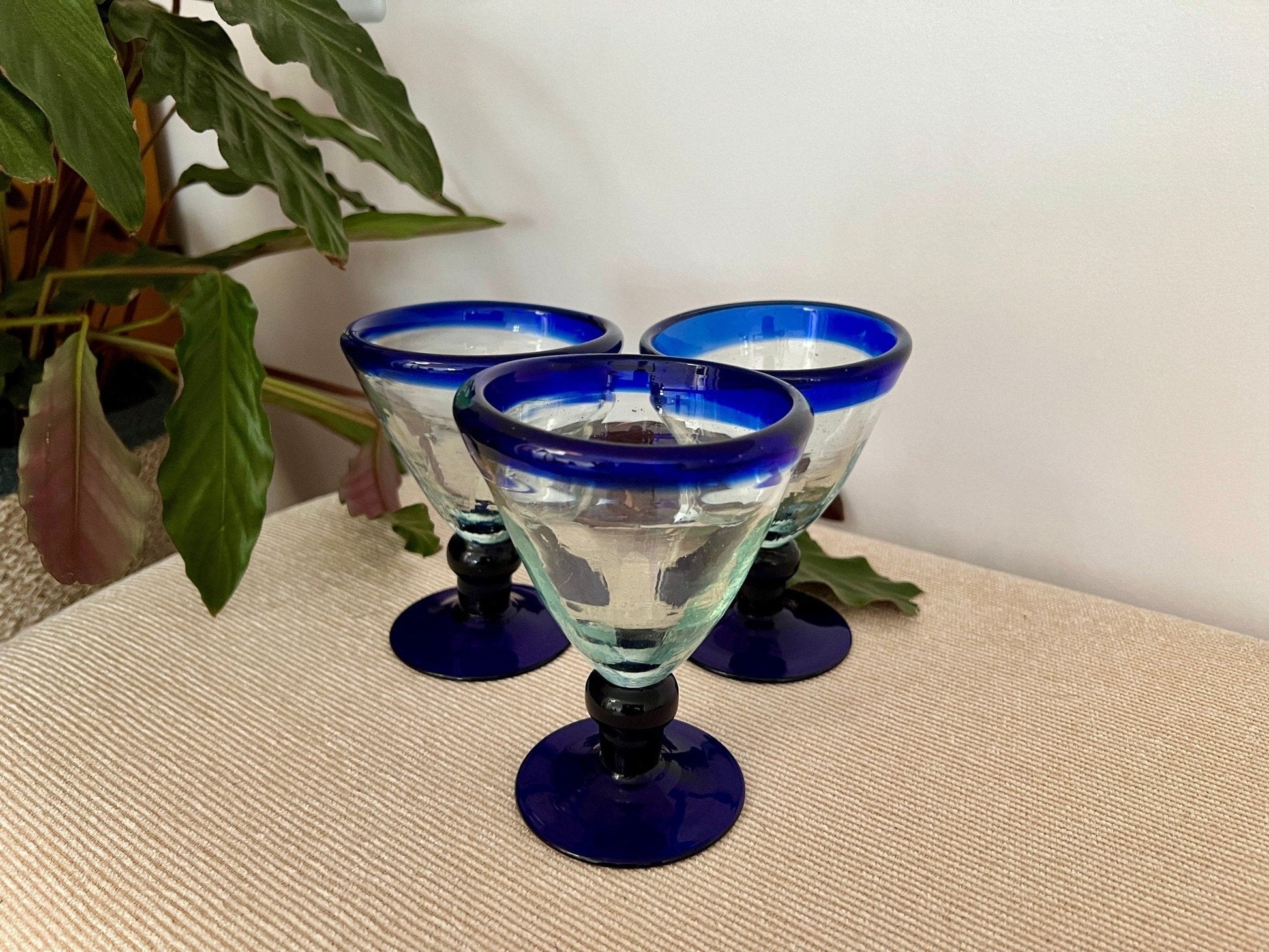 Vintage Set of 3 Mexican Hand Blown Blue - Rimmed Martini Glasses, Margarita Glasses, Short Stem Barware - Loom Vintage