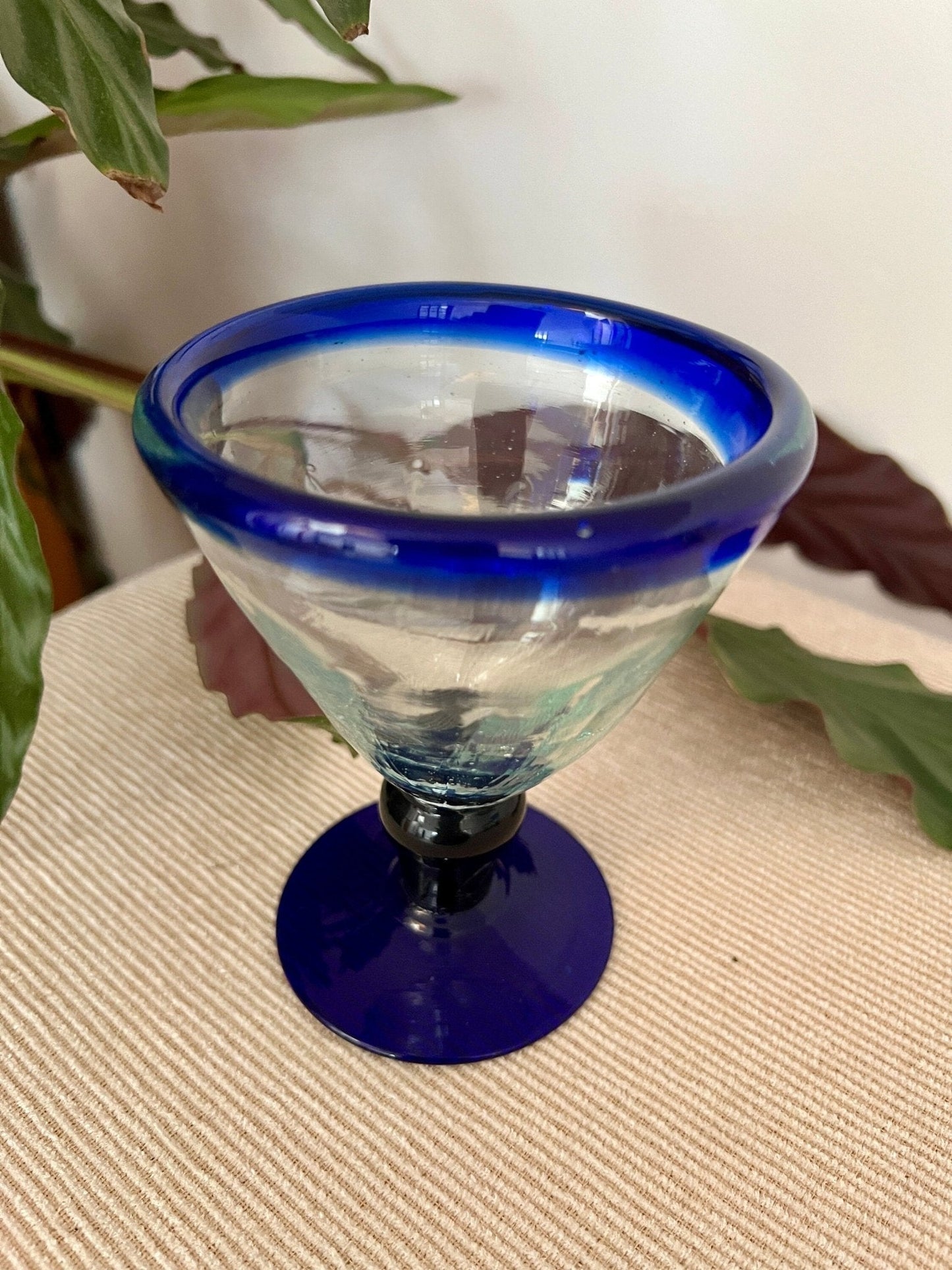 Vintage Set of 3 Mexican Hand Blown Blue - Rimmed Martini Glasses, Margarita Glasses, Short Stem Barware - Loom Vintage