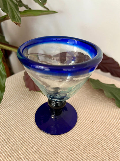 Vintage Set of 3 Mexican Hand Blown Blue - Rimmed Martini Glasses, Margarita Glasses, Short Stem Barware - Loom Vintage