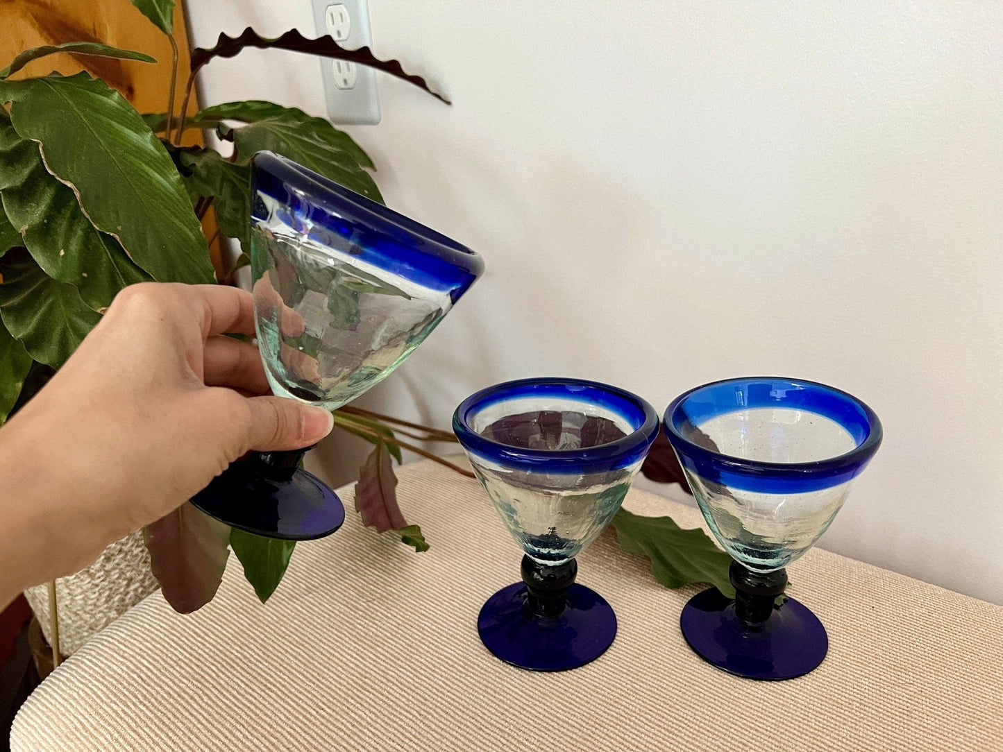 Vintage Set of 3 Mexican Hand Blown Blue - Rimmed Martini Glasses, Margarita Glasses, Short Stem Barware - Loom Vintage