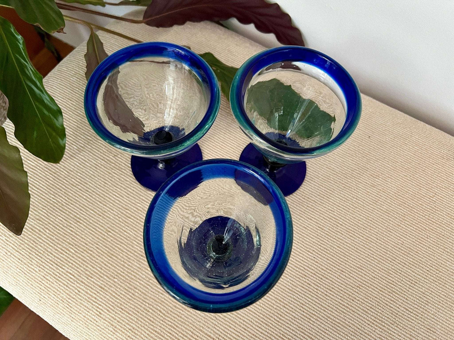 Vintage Set of 3 Mexican Hand Blown Blue - Rimmed Martini Glasses, Margarita Glasses, Short Stem Barware - Loom Vintage