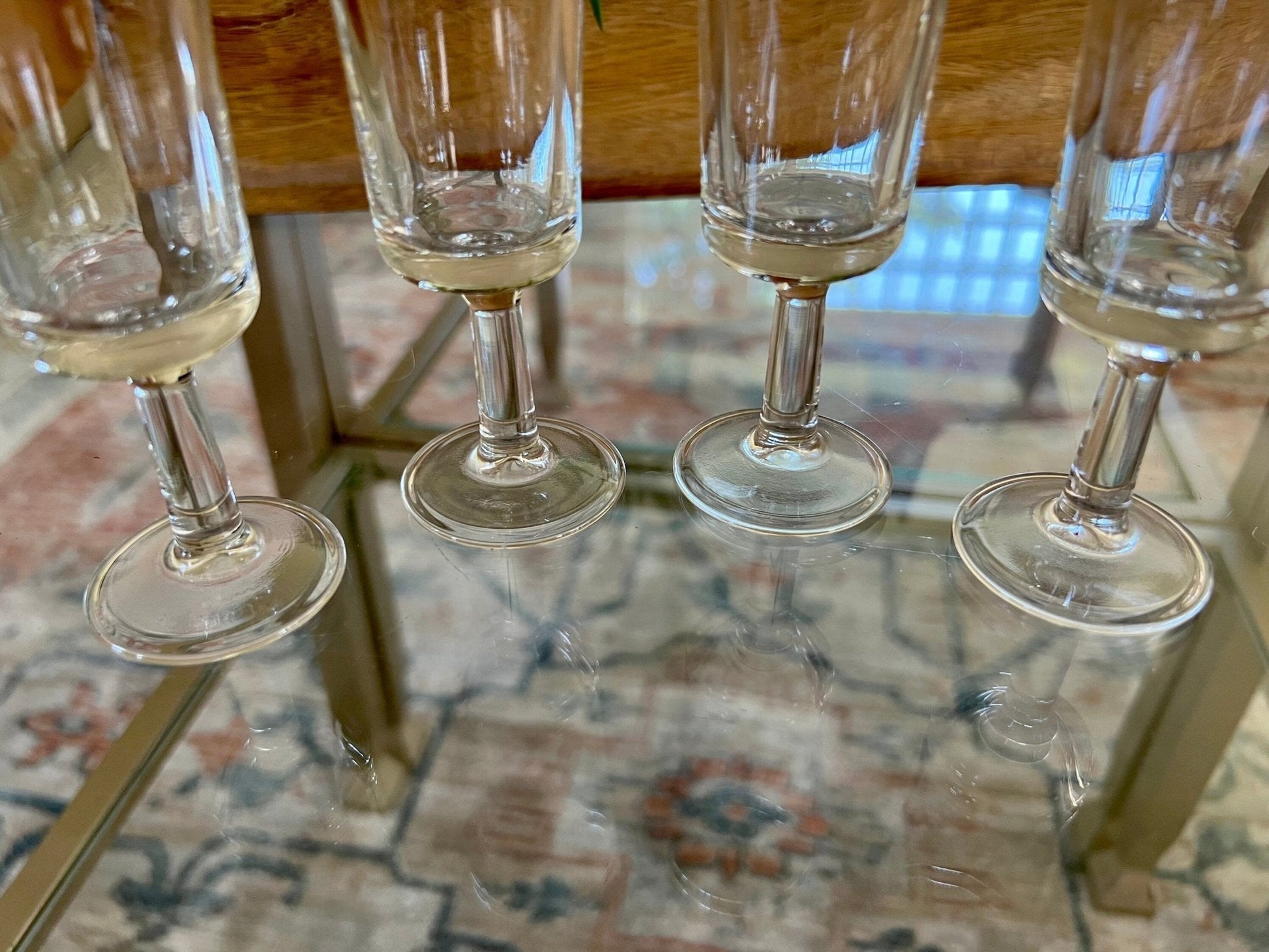 Vintage Set of 4 Footed Shot Glasses, Fancy Barware, Clear Glass Shot Flutes - Loom Vintage
