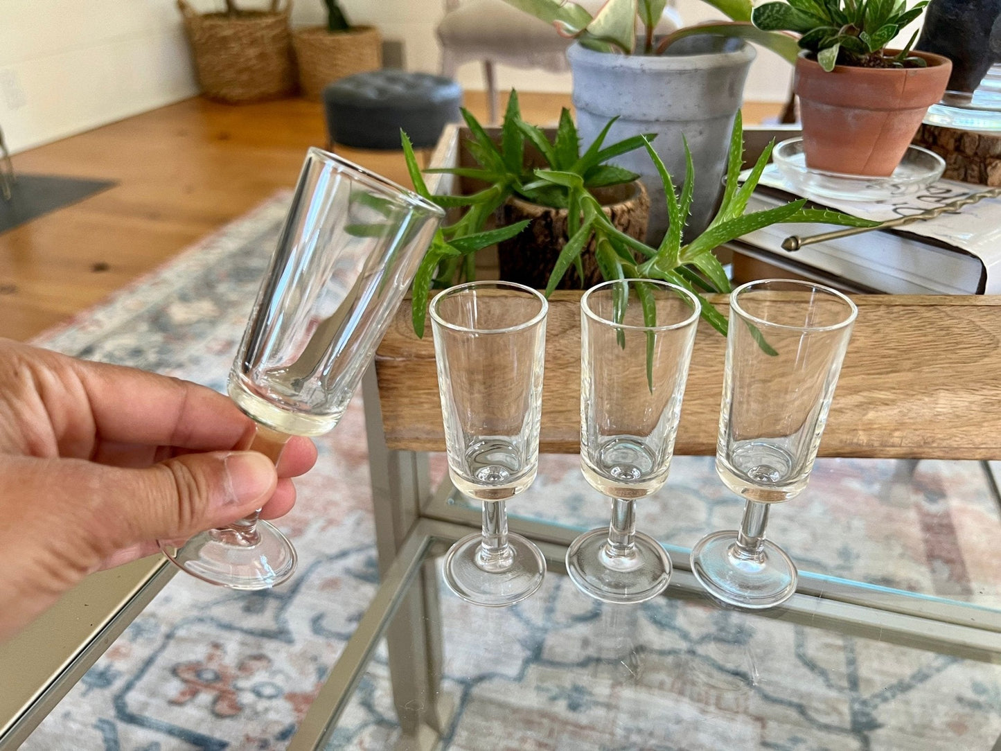 Vintage Set of 4 Footed Shot Glasses, Fancy Barware, Clear Glass Shot Flutes - Loom Vintage