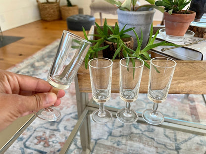 Vintage Set of 4 Footed Shot Glasses, Fancy Barware, Clear Glass Shot Flutes - Loom Vintage
