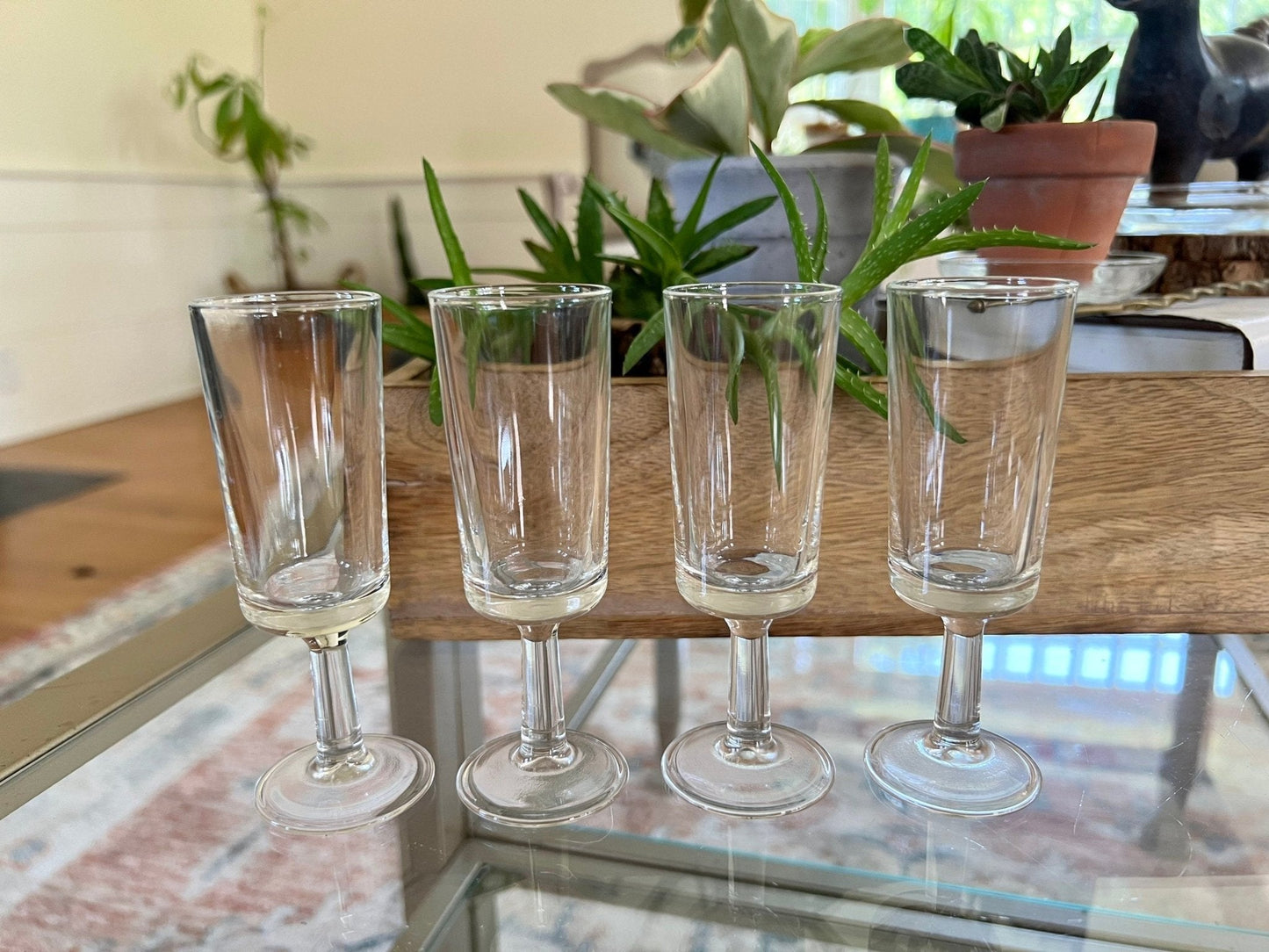 Vintage Set of 4 Footed Shot Glasses, Fancy Barware, Clear Glass Shot Flutes - Loom Vintage