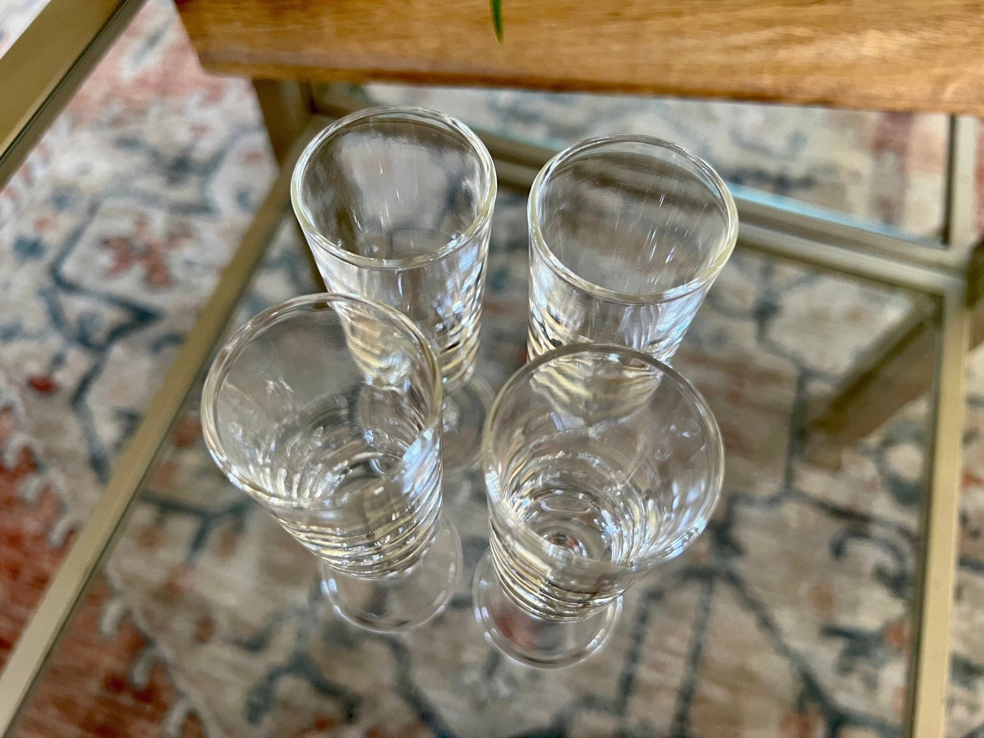 Vintage Set of 4 Footed Shot Glasses, Fancy Barware, Clear Glass Shot Flutes - Loom Vintage
