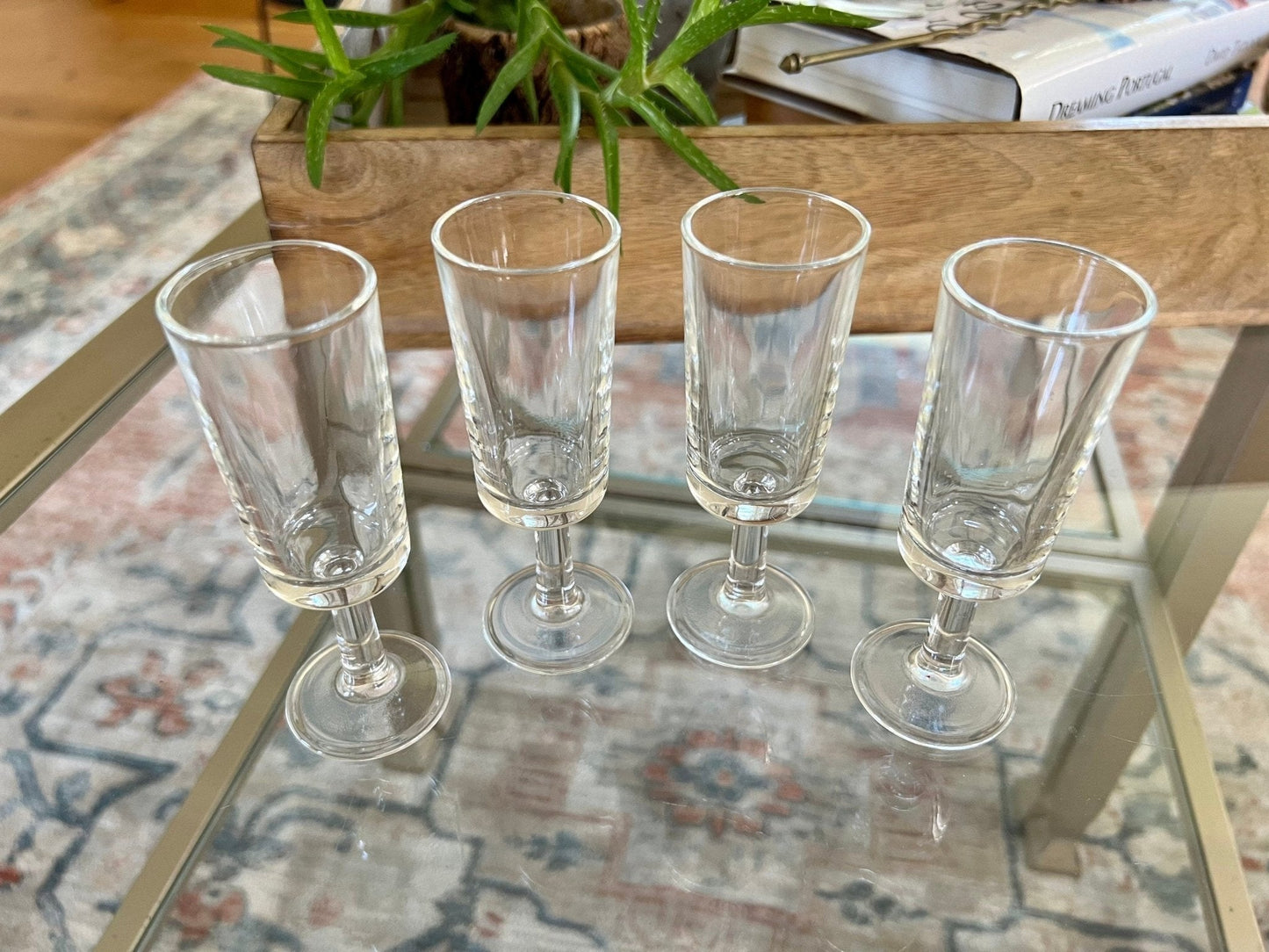 Vintage Set of 4 Footed Shot Glasses, Fancy Barware, Clear Glass Shot Flutes - Loom Vintage