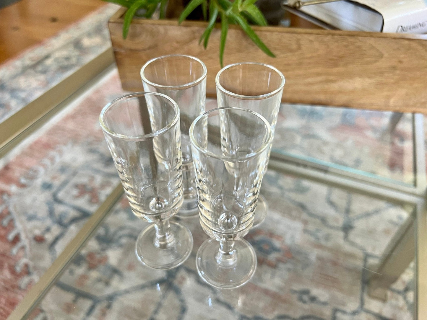 Vintage Set of 4 Footed Shot Glasses, Fancy Barware, Clear Glass Shot Flutes - Loom Vintage