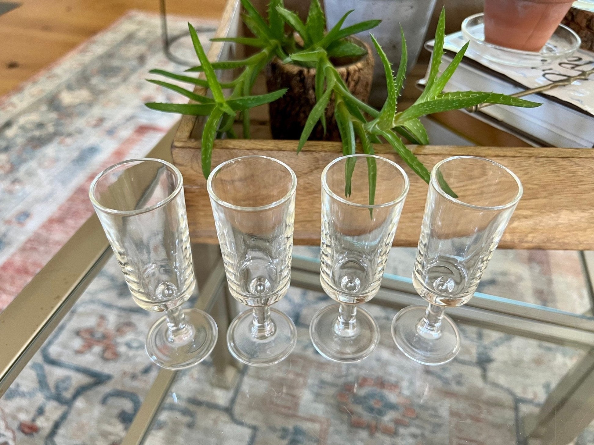 Vintage Set of 4 Footed Shot Glasses, Fancy Barware, Clear Glass Shot Flutes - Loom Vintage