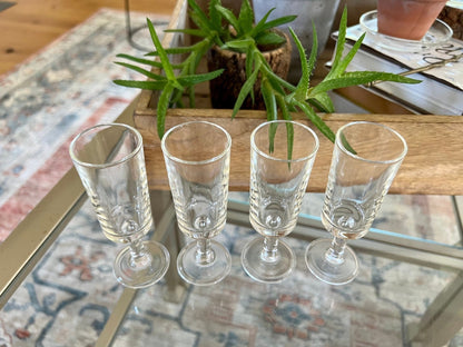 Vintage Set of 4 Footed Shot Glasses, Fancy Barware, Clear Glass Shot Flutes - Loom Vintage