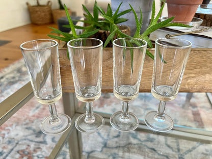 Vintage Set of 4 Footed Shot Glasses, Fancy Barware, Clear Glass Shot Flutes - Loom Vintage
