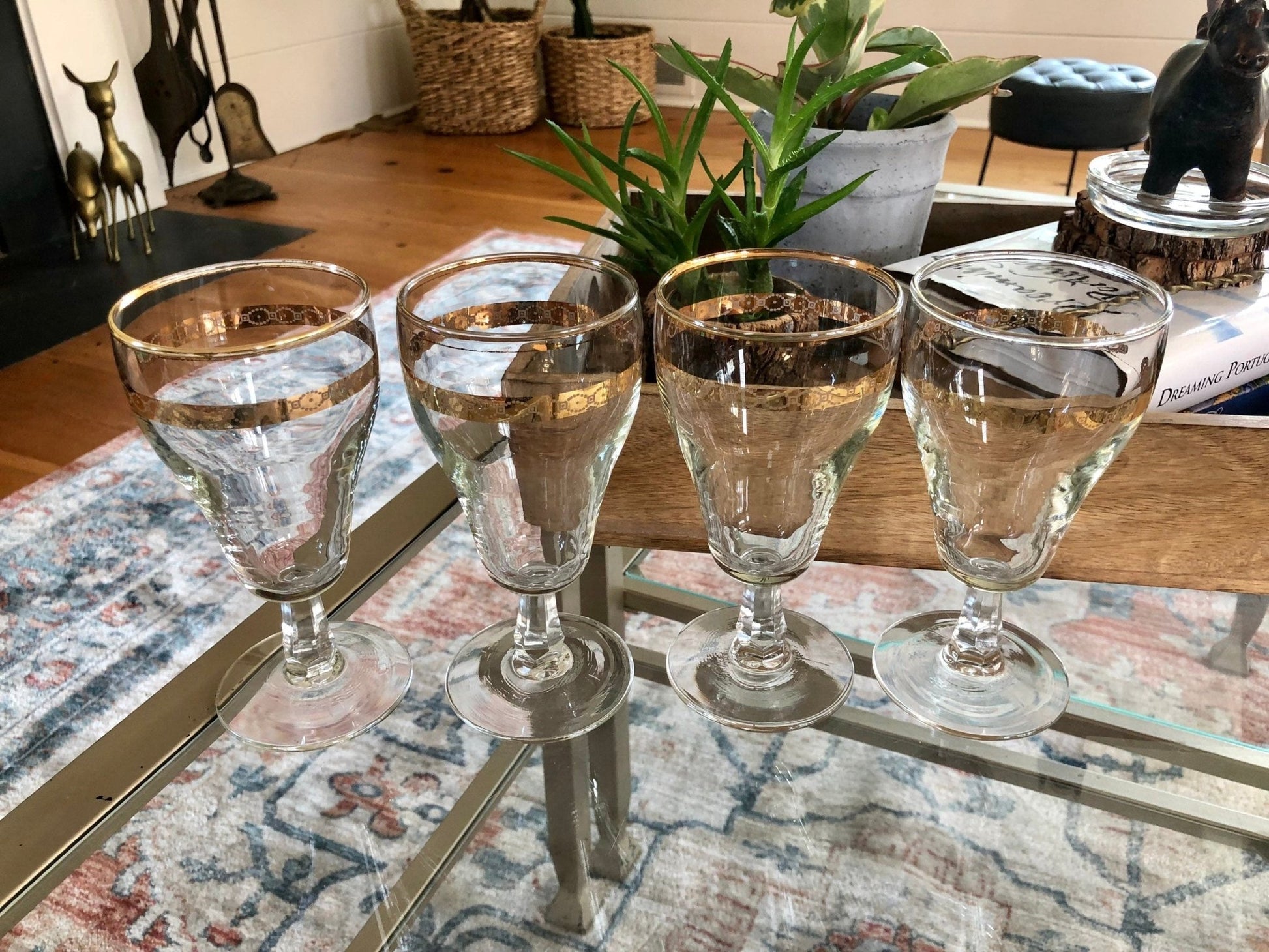Vintage Set of 4 Gold Rimmed Crystal Wine or Water Glasses, Classic Glassware - Loom Vintage