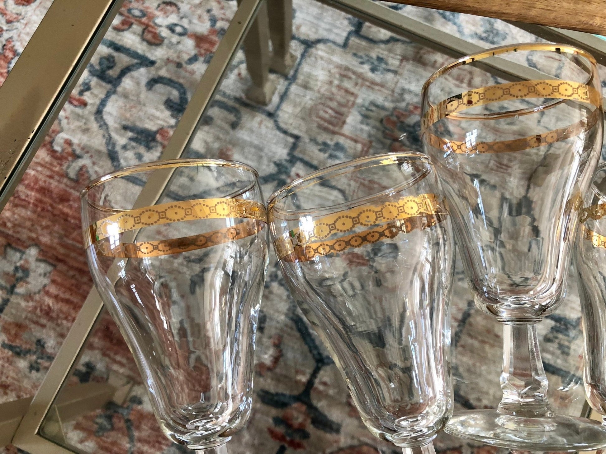 Vintage Set of 4 Gold Rimmed Crystal Wine or Water Glasses, Classic Glassware - Loom Vintage