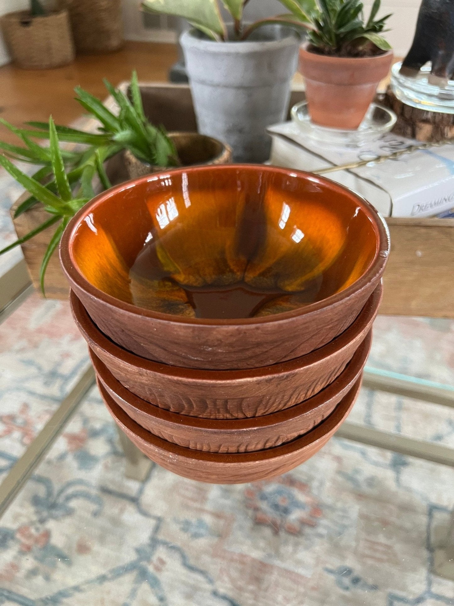 Vintage set of 4 Sequoia 613 - B USA Pottery Bowls, Ceramic Mid Century California Pottery, Orange/Brown Retro Serve Ware, Walnut Shell Bowls - Loom Vintage