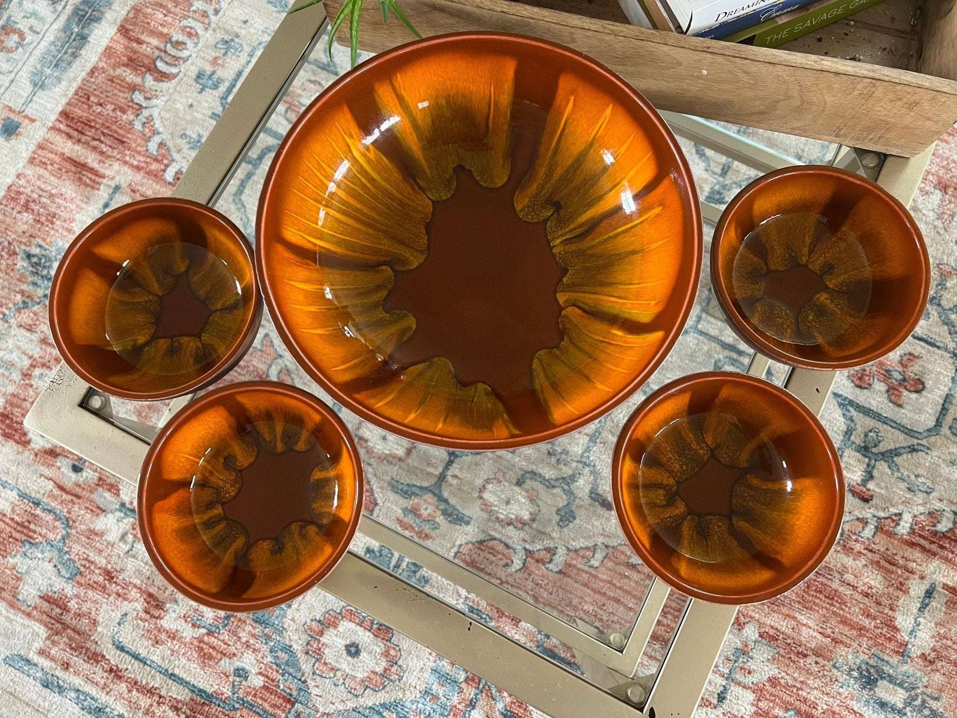 Vintage set of 4 Sequoia 613 - B USA Pottery Bowls, Ceramic Mid Century California Pottery, Orange/Brown Retro Serve Ware, Walnut Shell Bowls - Loom Vintage