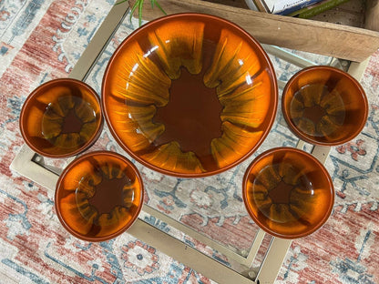 Vintage set of 4 Sequoia 613 - B USA Pottery Bowls, Ceramic Mid Century California Pottery, Orange/Brown Retro Serve Ware, Walnut Shell Bowls - Loom Vintage