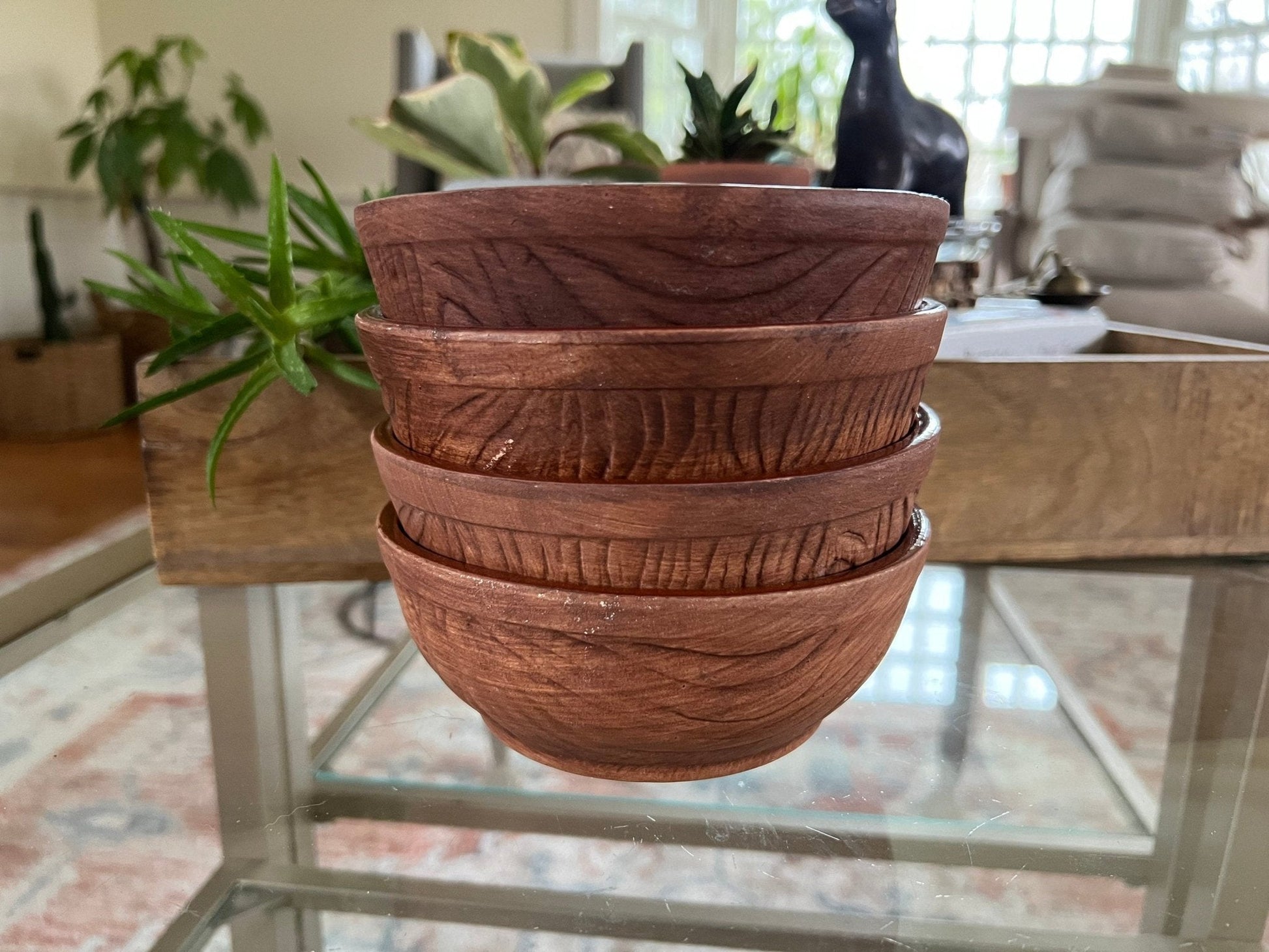 Vintage set of 4 Sequoia 613 - B USA Pottery Bowls, Ceramic Mid Century California Pottery, Orange/Brown Retro Serve Ware, Walnut Shell Bowls - Loom Vintage