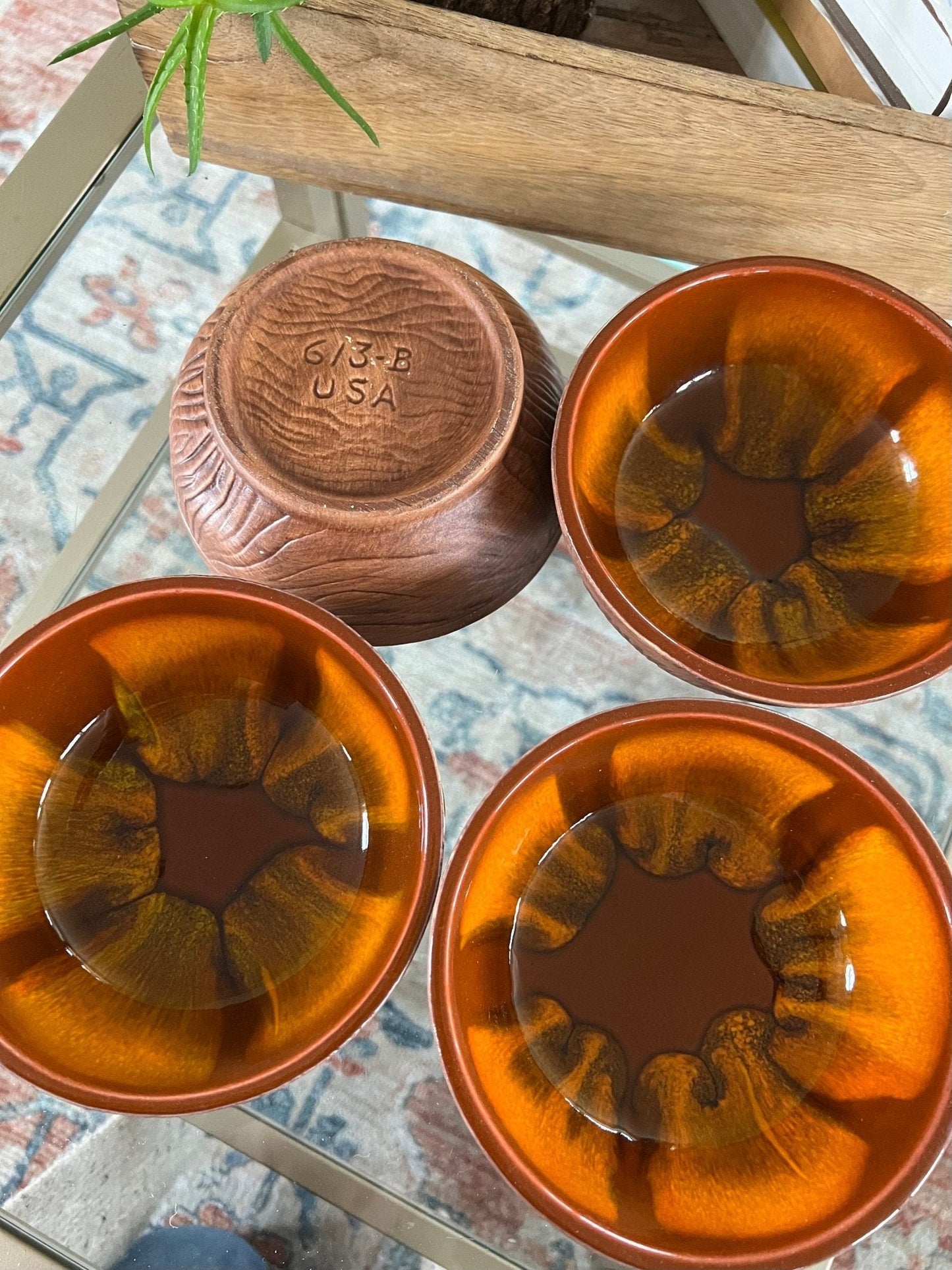 Vintage set of 4 Sequoia 613 - B USA Pottery Bowls, Ceramic Mid Century California Pottery, Orange/Brown Retro Serve Ware, Walnut Shell Bowls - Loom Vintage