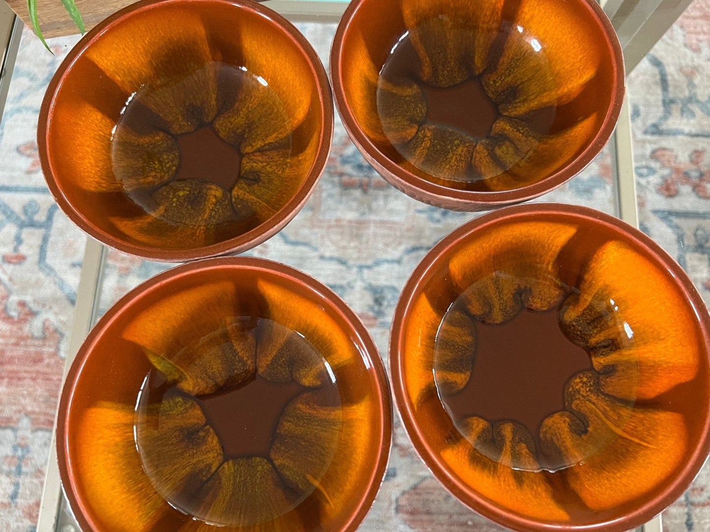Vintage set of 4 Sequoia 613 - B USA Pottery Bowls, Ceramic Mid Century California Pottery, Orange/Brown Retro Serve Ware, Walnut Shell Bowls - Loom Vintage