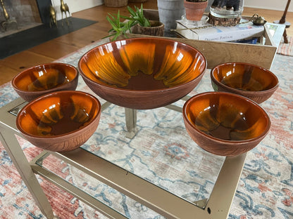 Vintage set of 4 Sequoia 613 - B USA Pottery Bowls, Ceramic Mid Century California Pottery, Orange/Brown Retro Serve Ware, Walnut Shell Bowls - Loom Vintage
