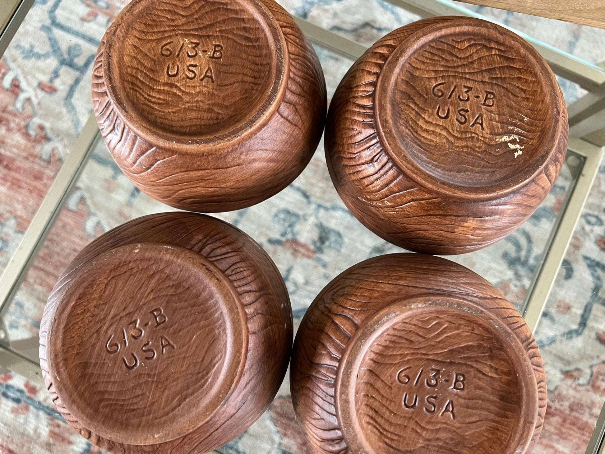 Vintage set of 4 Sequoia 613 - B USA Pottery Bowls, Ceramic Mid Century California Pottery, Orange/Brown Retro Serve Ware, Walnut Shell Bowls - Loom Vintage