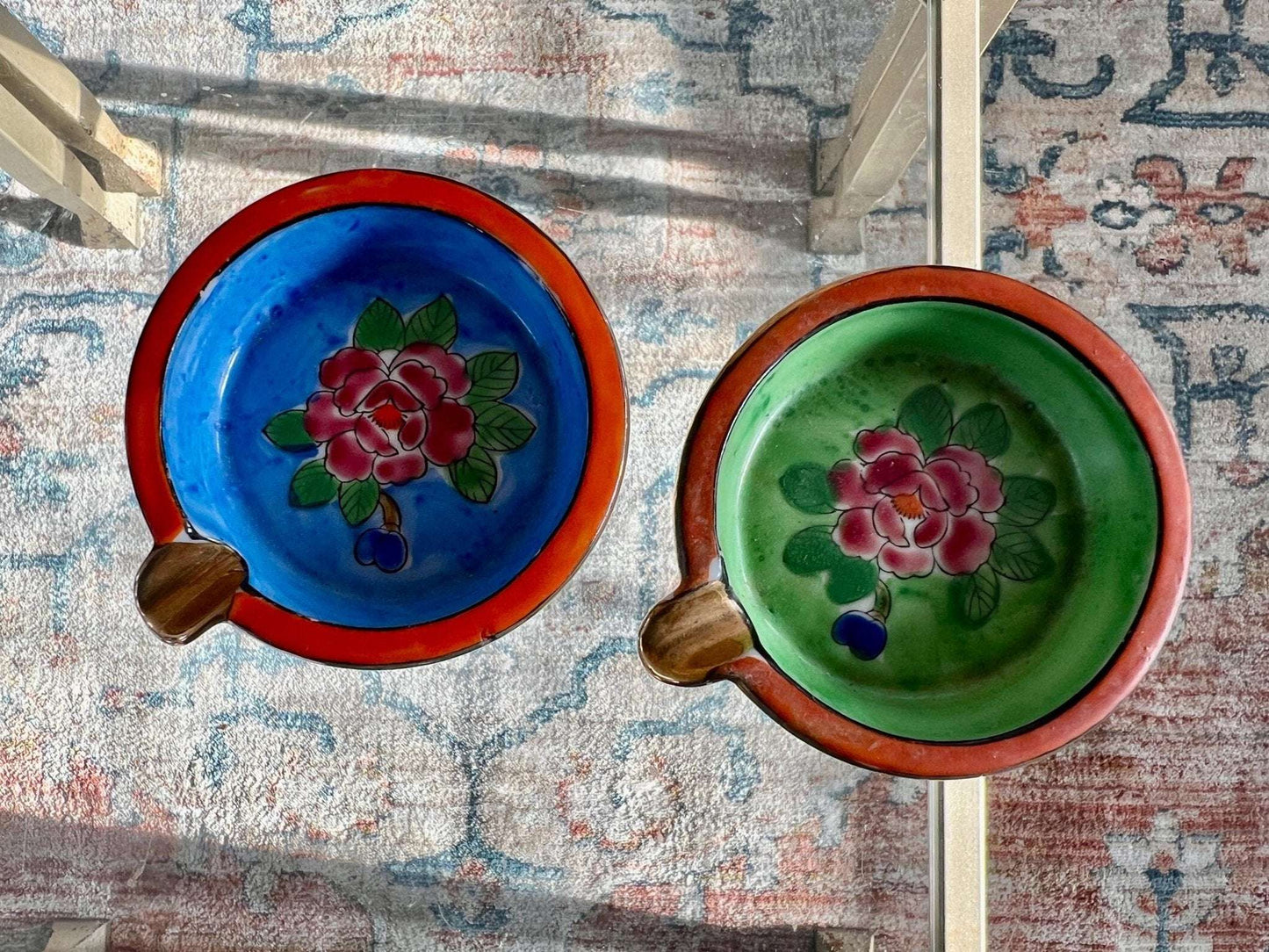 Vintage Set of Hand Painted Floral Ash Trays, Small Round Ring Dish, Trinket Bowl, Ashtray, Japan - Loom Vintage