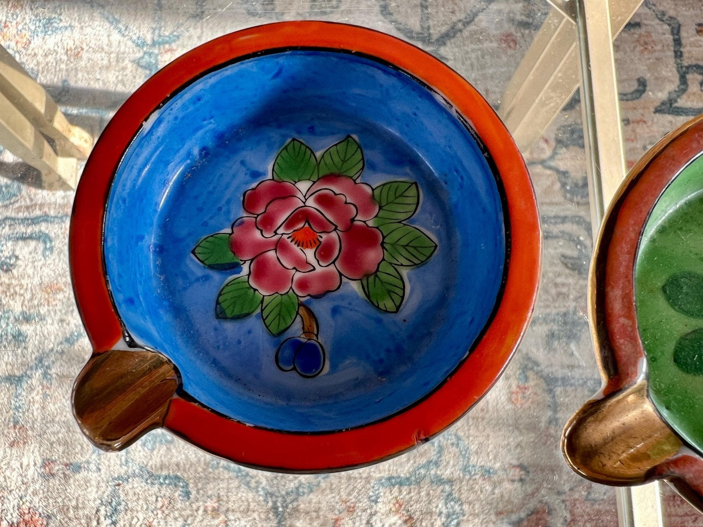 Vintage Set of Hand Painted Floral Ash Trays, Small Round Ring Dish, Trinket Bowl, Ashtray, Japan - Loom Vintage