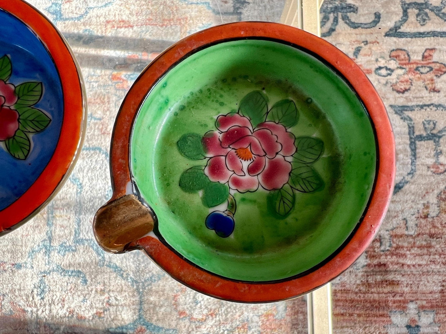 Vintage Set of Hand Painted Floral Ash Trays, Small Round Ring Dish, Trinket Bowl, Ashtray, Japan - Loom Vintage