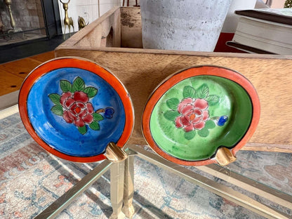 Vintage Set of Hand Painted Floral Ash Trays, Small Round Ring Dish, Trinket Bowl, Ashtray, Japan - Loom Vintage