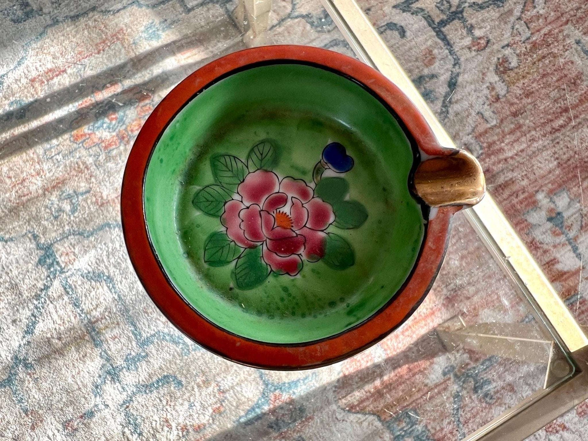 Vintage Set of Hand Painted Floral Ash Trays, Small Round Ring Dish, Trinket Bowl, Ashtray, Japan - Loom Vintage