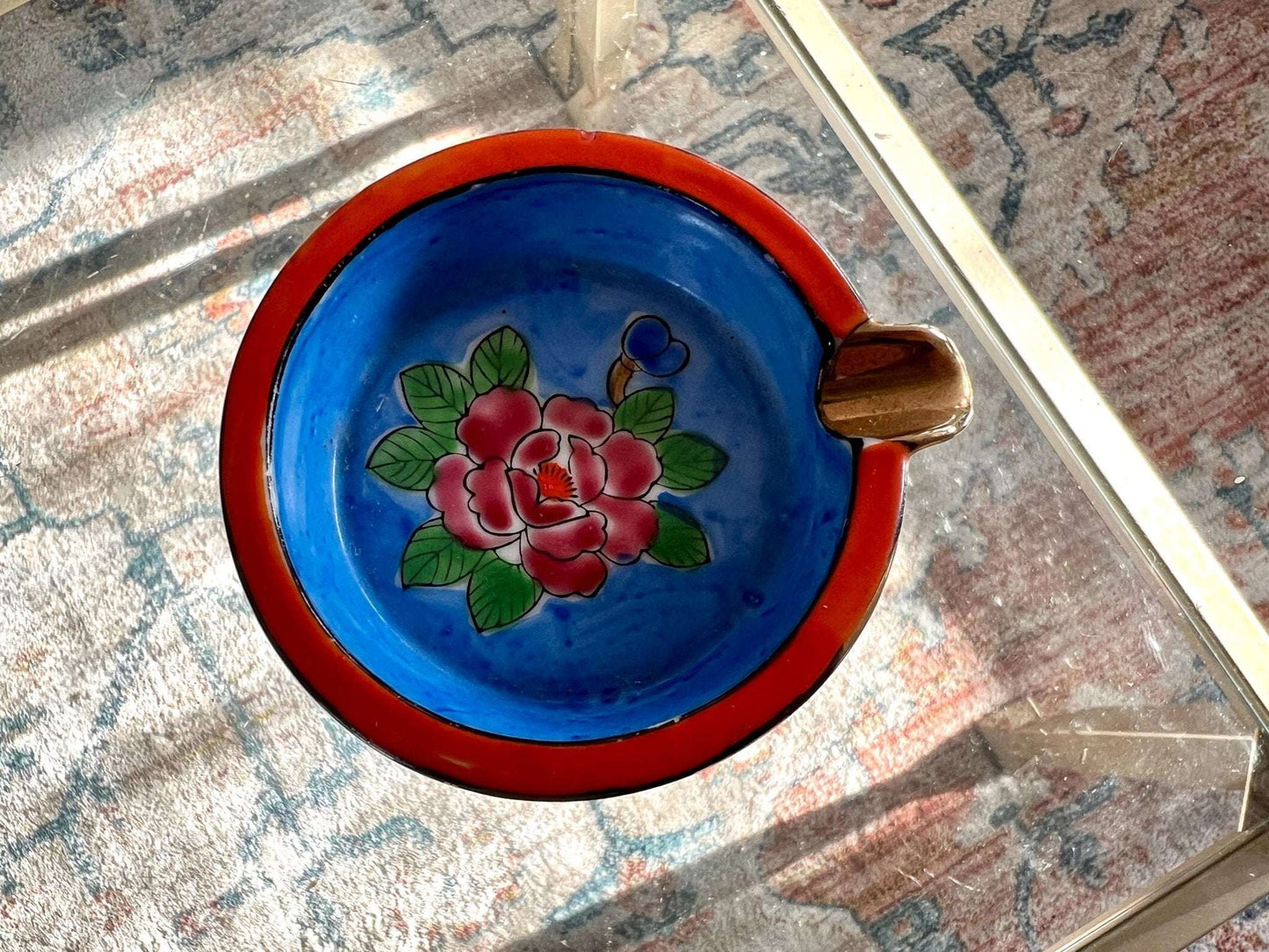 Vintage Set of Hand Painted Floral Ash Trays, Small Round Ring Dish, Trinket Bowl, Ashtray, Japan - Loom Vintage