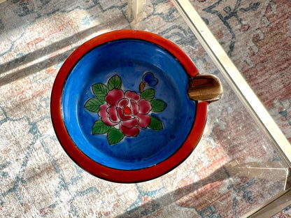 Vintage Set of Hand Painted Floral Ash Trays, Small Round Ring Dish, Trinket Bowl, Ashtray, Japan - Loom Vintage