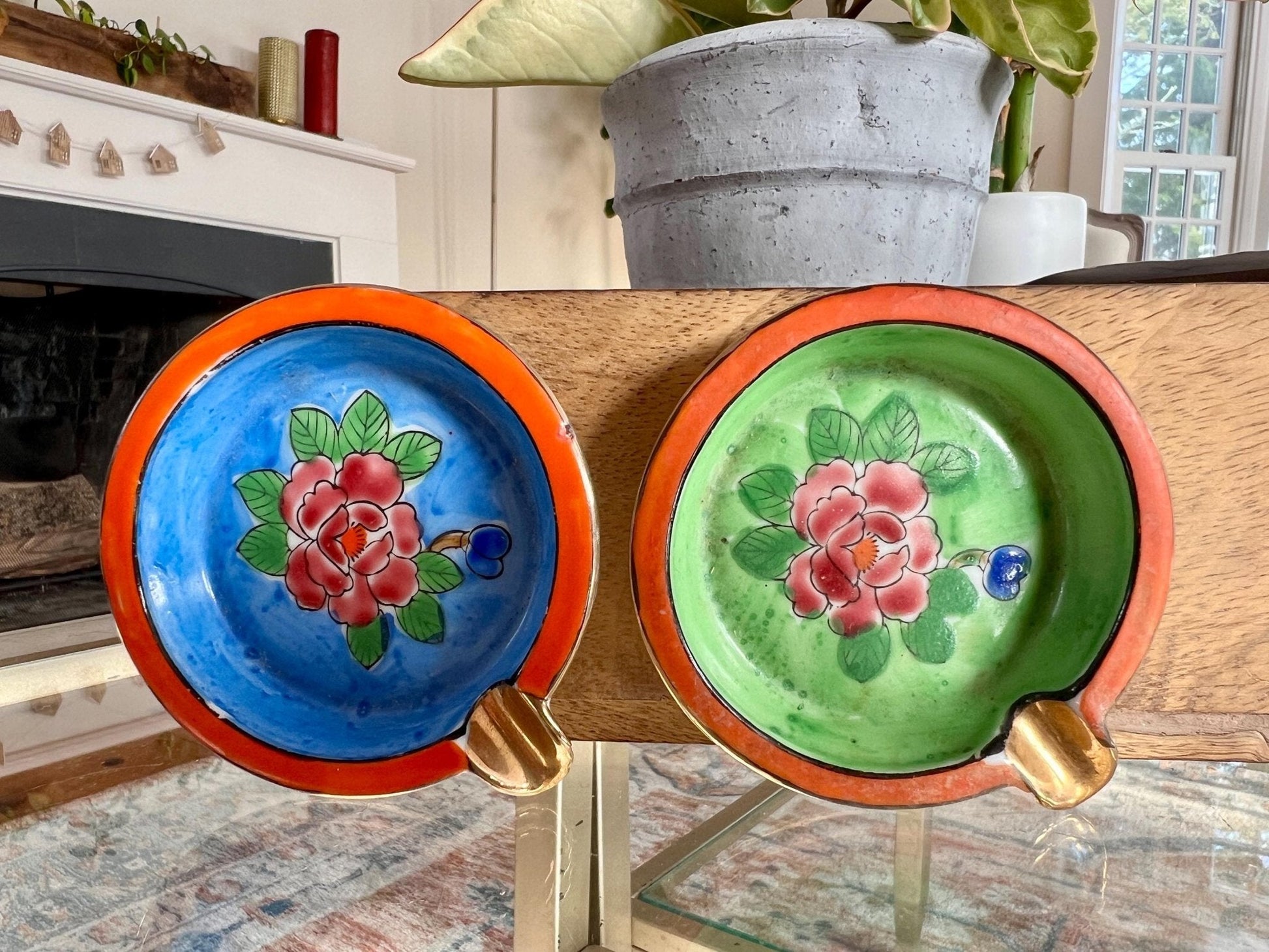 Vintage Set of Hand Painted Floral Ash Trays, Small Round Ring Dish, Trinket Bowl, Ashtray, Japan - Loom Vintage