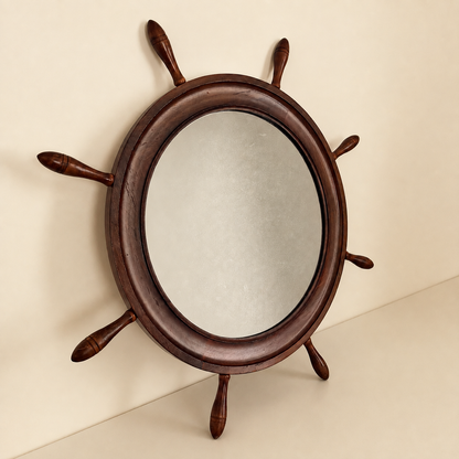 Ship's wheel mirror shown at an angle on a console