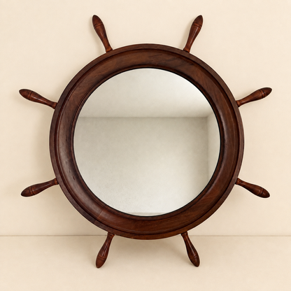 Vintage nautical ship's wheel mirror with eight turned handles, front view