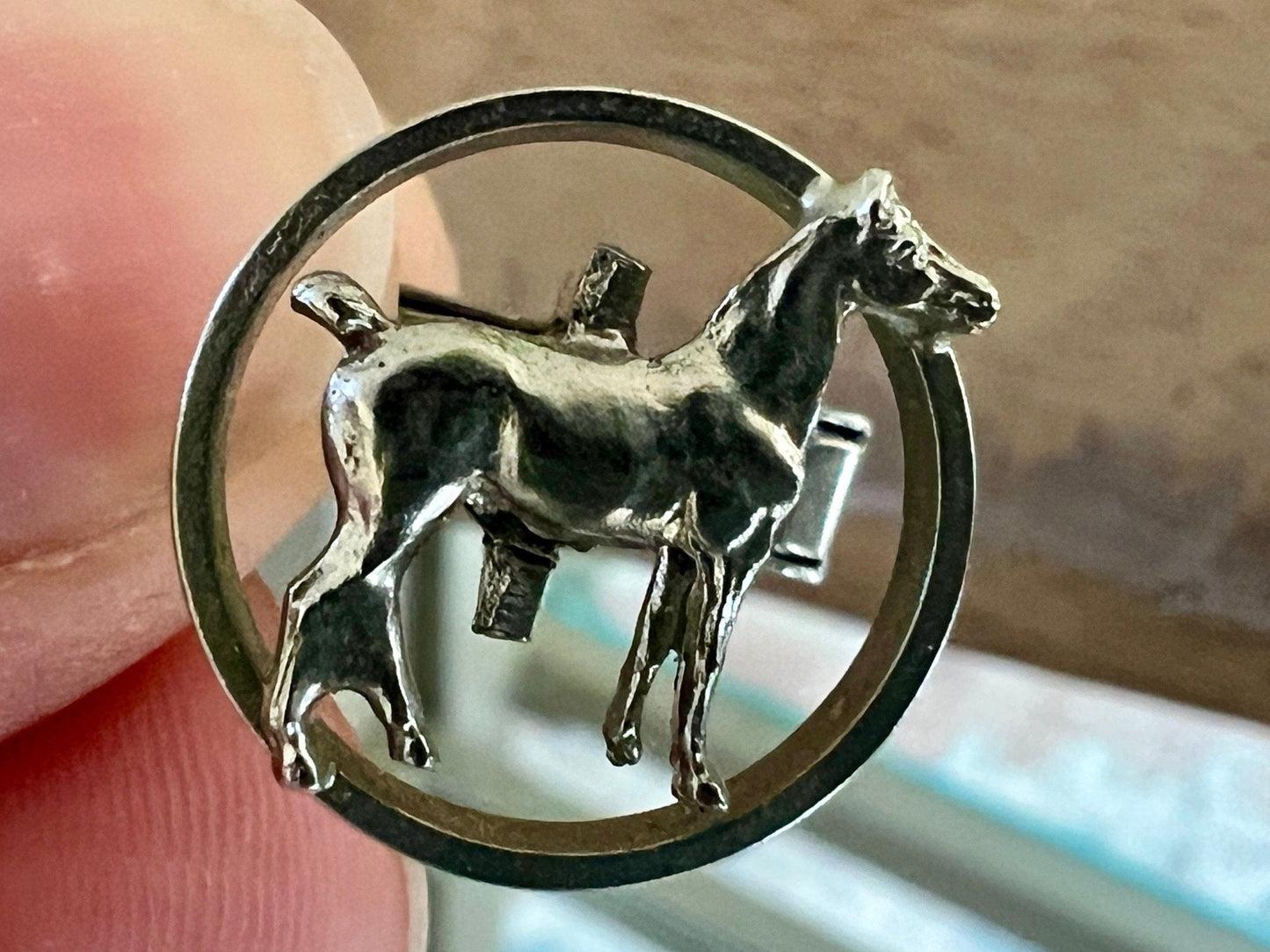 Vintage Silver Horse Cufflinks — Standing Horse in Circle, 5/8", Men's Equestrian Jewelry - Loom Vintage