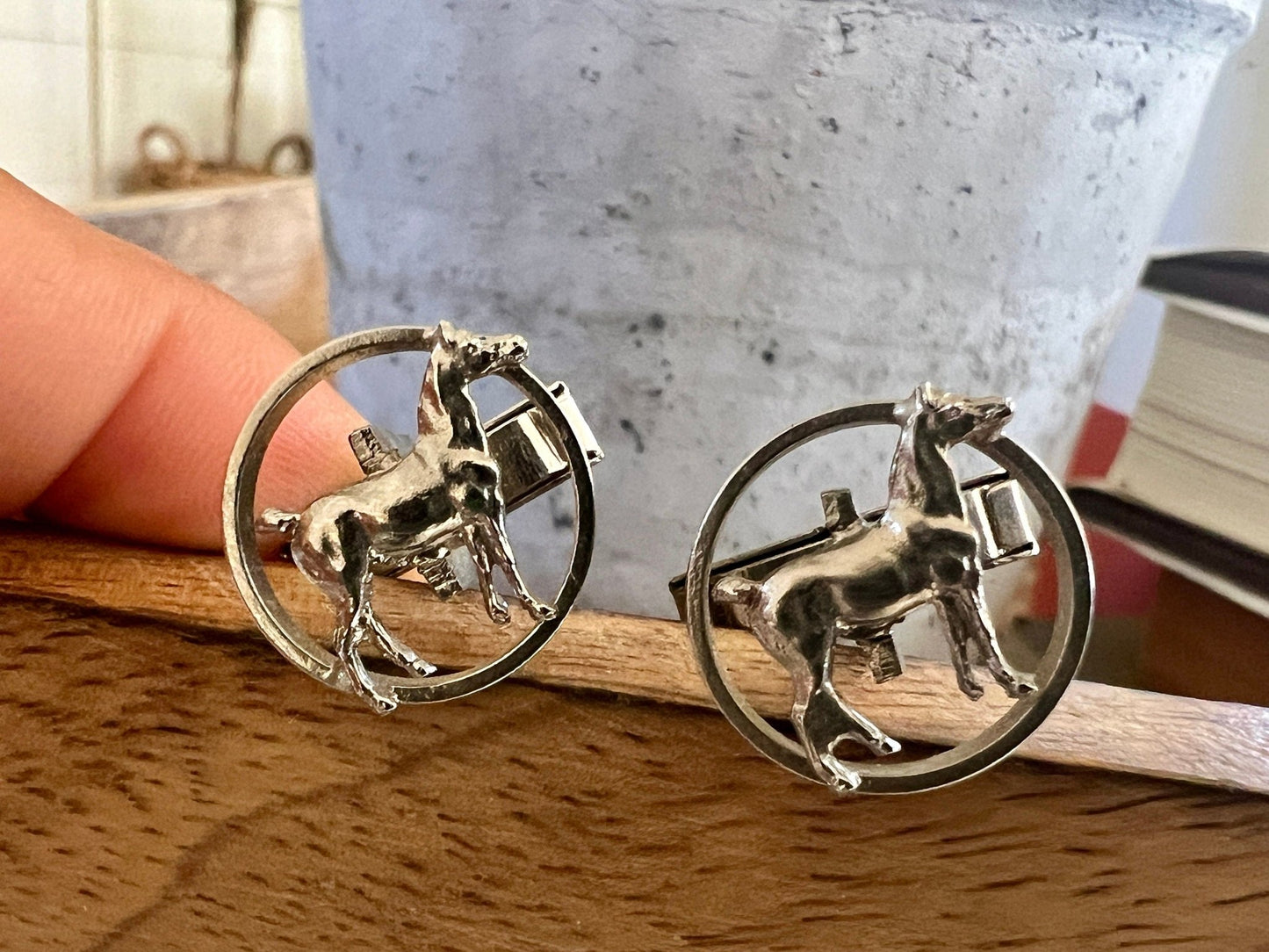 Vintage Silver Horse Cufflinks — Standing Horse in Circle, 5/8", Men's Equestrian Jewelry - Loom Vintage