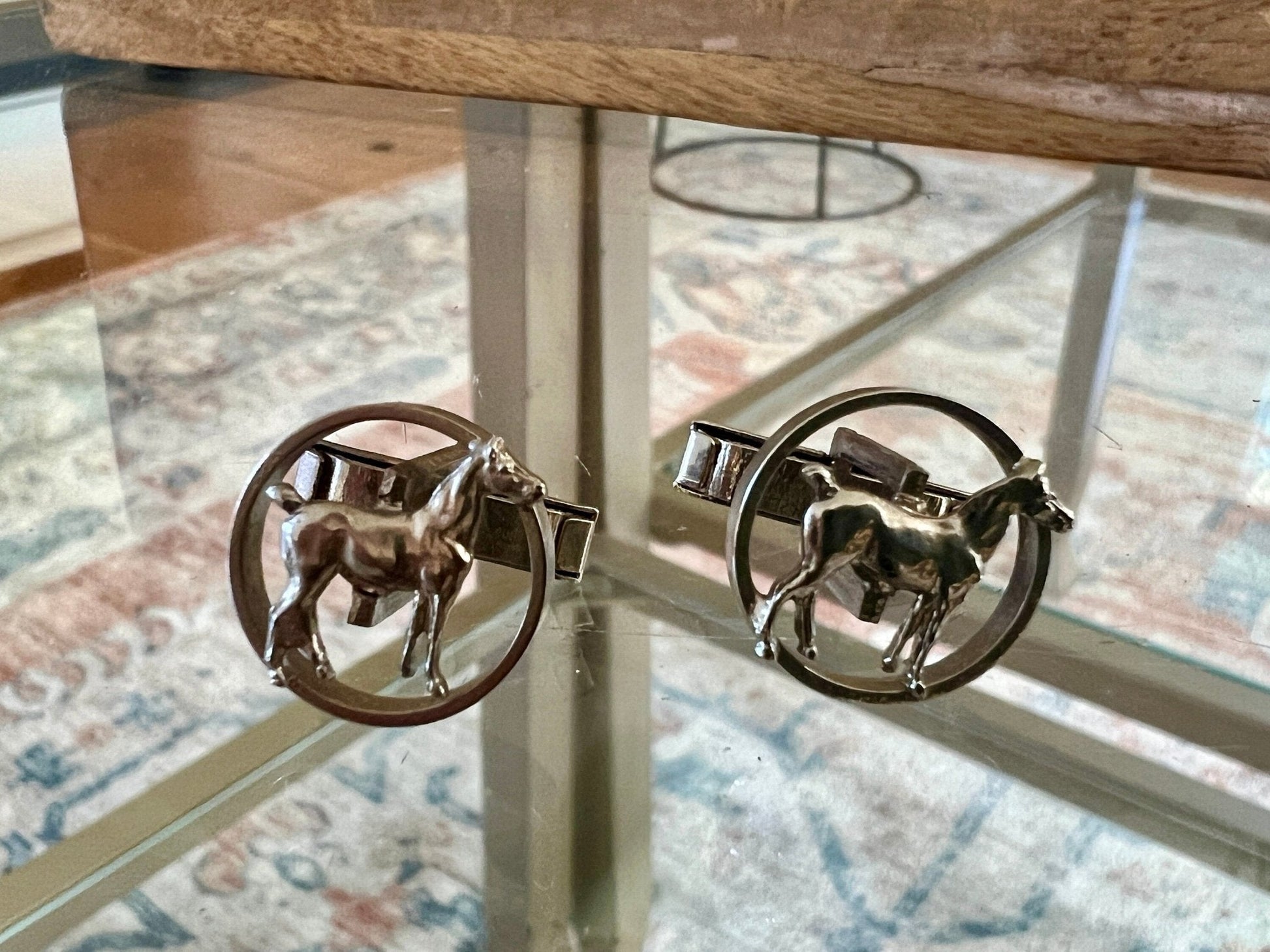 Vintage Silver Horse Cufflinks — Standing Horse in Circle, 5/8", Men's Equestrian Jewelry - Loom Vintage
