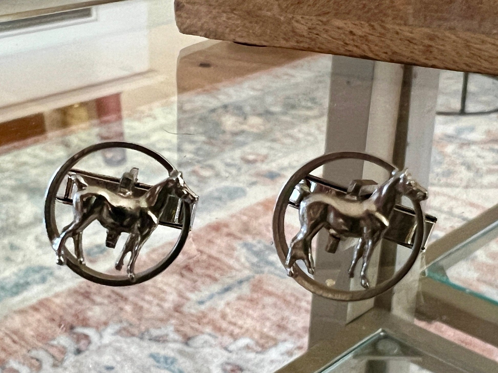Vintage Silver Horse Cufflinks — Standing Horse in Circle, 5/8", Men's Equestrian Jewelry - Loom Vintage