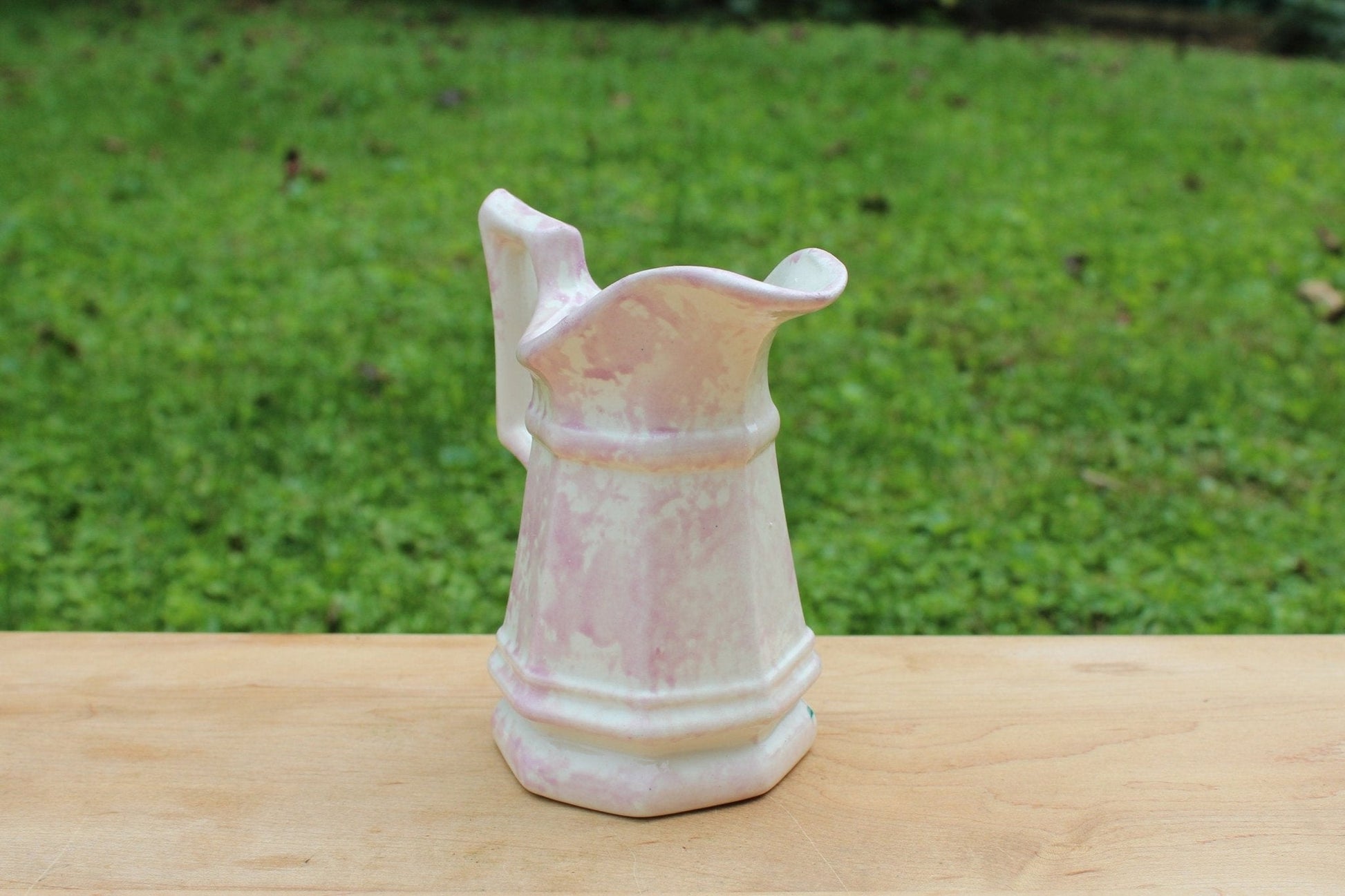 Vintage Small Ceramic Pottery Ironstone Pitcher Vase with Pink Splatter Splash Paint - Loom Vintage