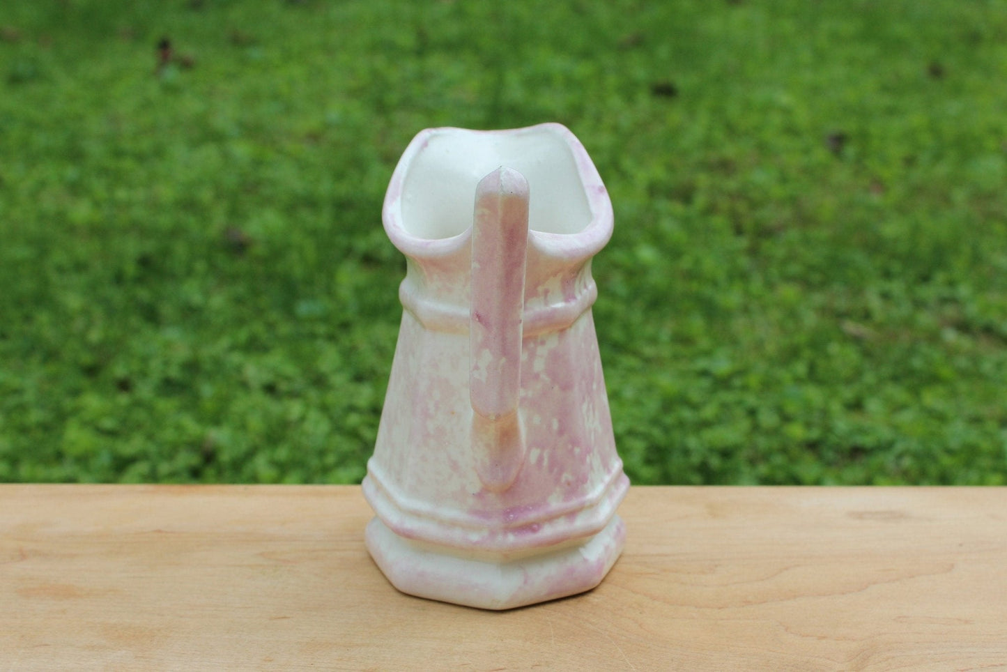 Vintage Small Ceramic Pottery Ironstone Pitcher Vase with Pink Splatter Splash Paint - Loom Vintage