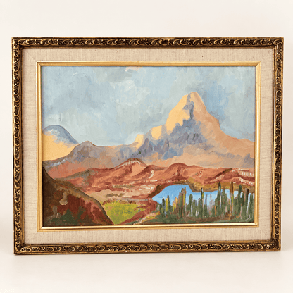 Vintage Southwest desert mountain oil painting with cactus in ornate gold frame, photo 1 of 6