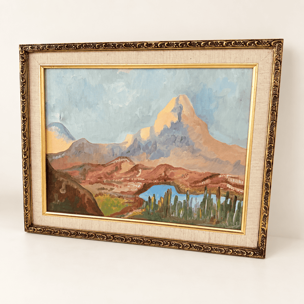 Vintage Southwest desert mountain oil painting with cactus in ornate gold frame, photo 2 of 6