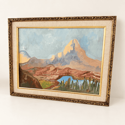 Vintage Southwest desert mountain oil painting with cactus in ornate gold frame, photo 2 of 6