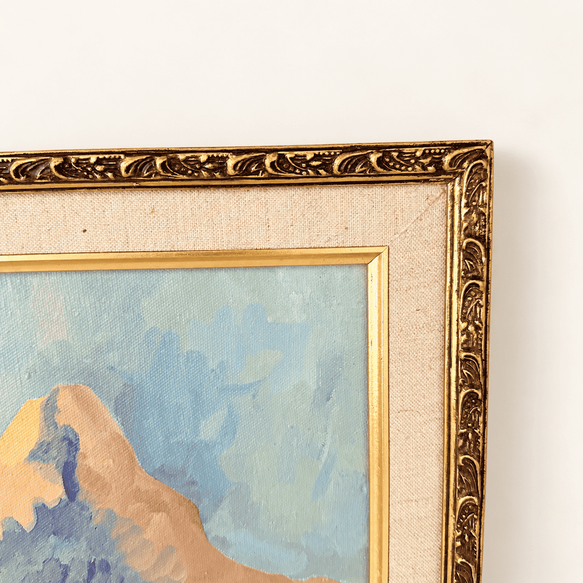 Vintage Southwest desert mountain oil painting with cactus in ornate gold frame, photo 3 of 6