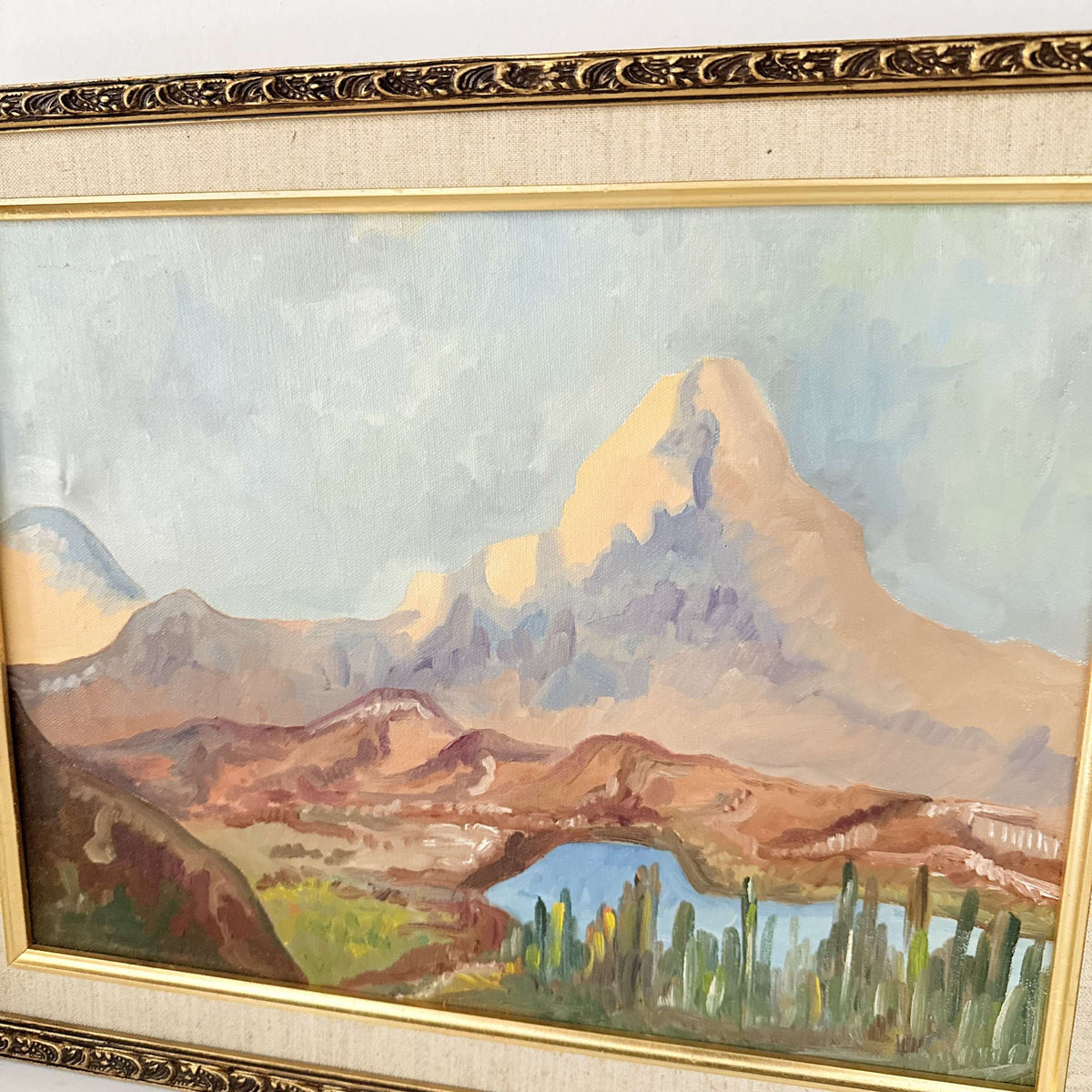 Vintage Southwest desert mountain oil painting with cactus in ornate gold frame, photo 4 of 6